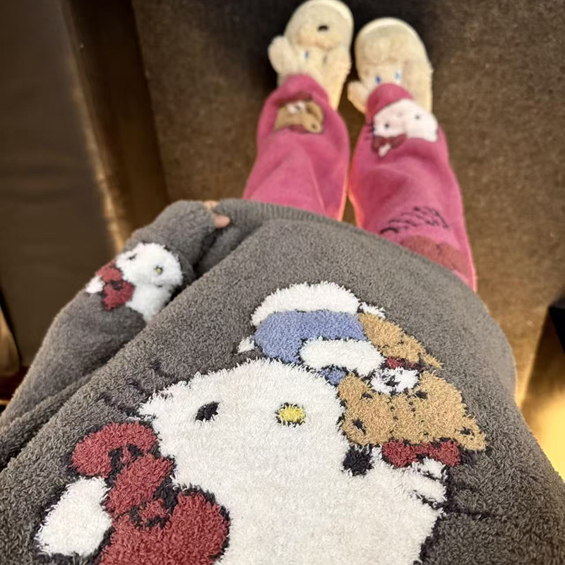 侘町2025新款蝴蝶结Kitty灰半边绒睡衣秋冬保暖加绒冬季家居服