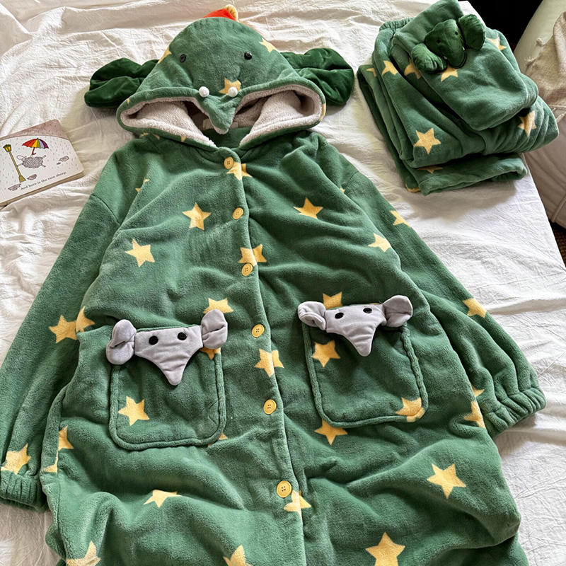 侘町2025新款圣诞绿笨笨大象夹棉睡袍女秋冬加绒加厚法兰绒家居服