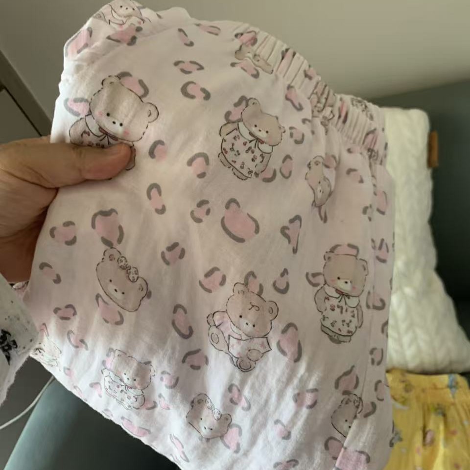 侘町2025新款粉豹纹小熊卡通全棉双层纱布睡裤女可外穿居家遛弯裤