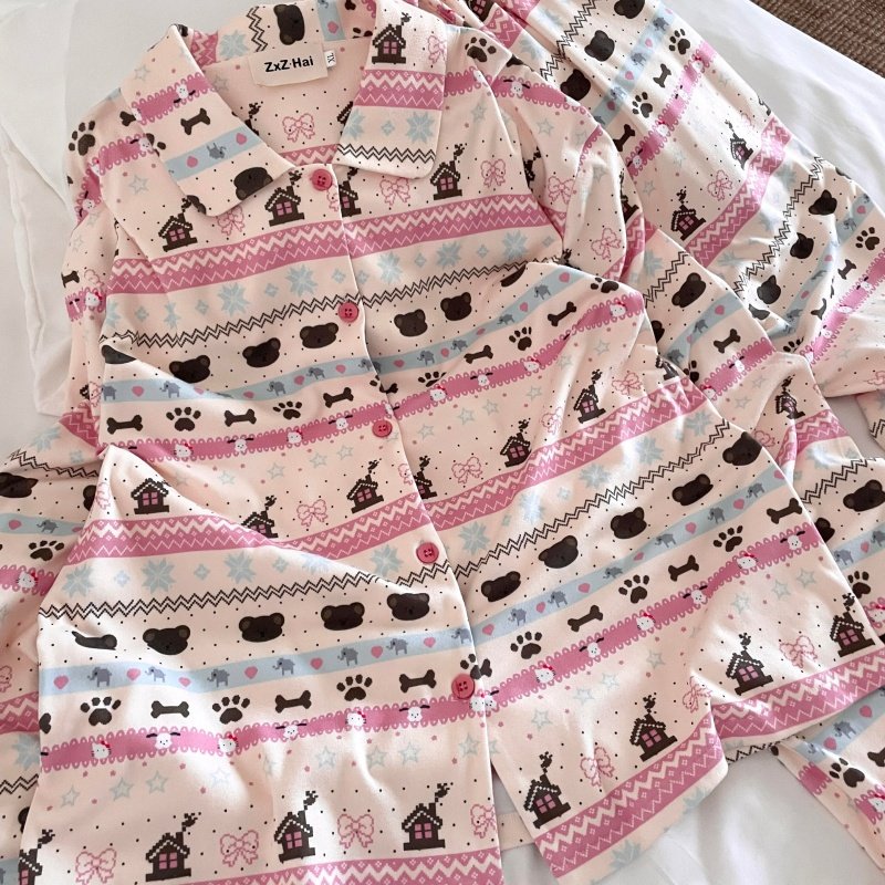 侘町睡衣女2025家居服新款草莓奶昔费尔岛秋冬德绒开衫可外穿套装