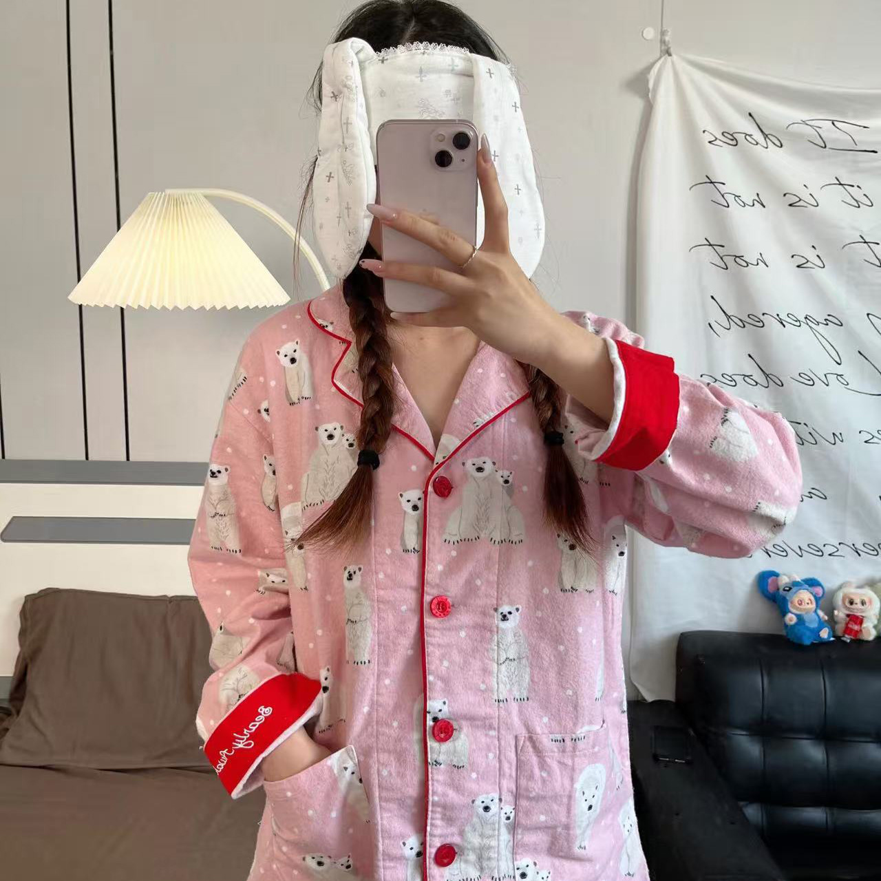 侘町2025年睡衣新款卡通粉底北极熊磨毛长袖少女可外穿春秋家居服