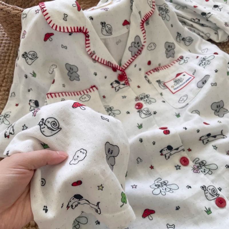 侘町春秋睡衣女款2025新款纯棉长袖涂鸦线条小狗卡通家居服套装