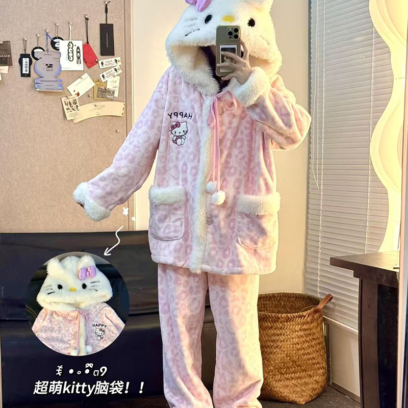 侘町2025款冬季粉色豹纹Kitty法兰绒睡衣女款加绒加厚家居服套装