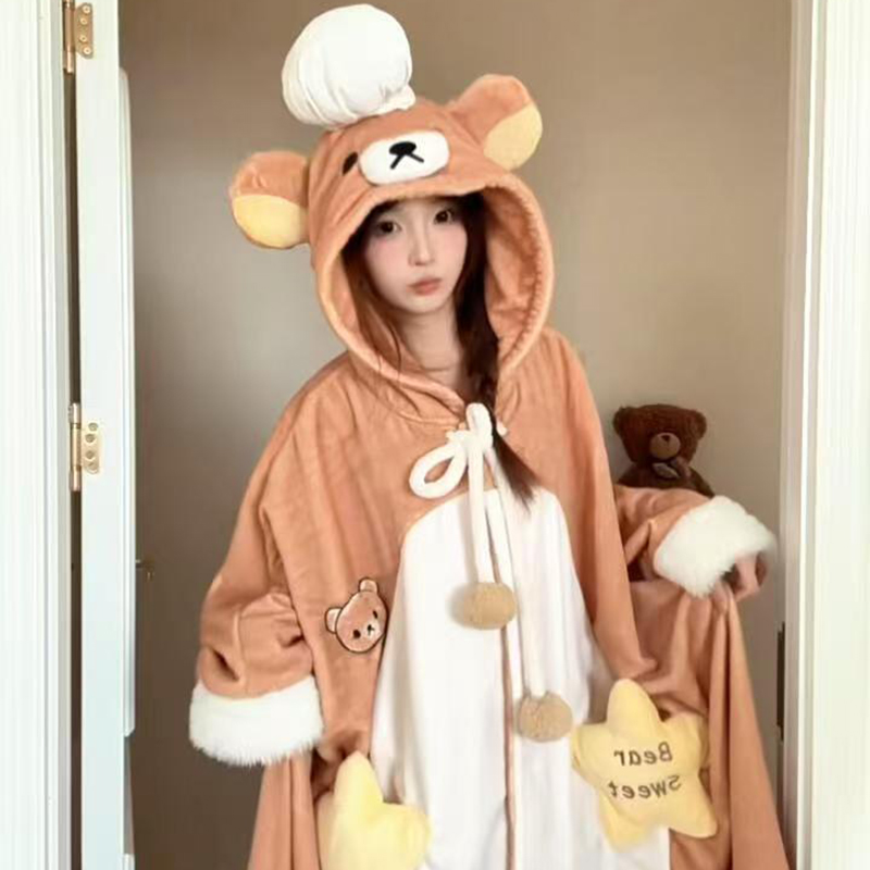 侘町2025新款轻松熊斗篷睡袍加厚法兰绒保暖睡衣女冬季卡通家居服