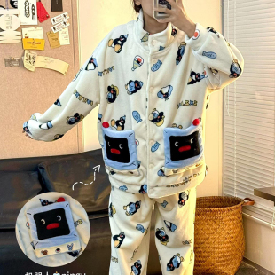 侘町2024新款 机器人pingu法兰绒睡衣女秋冬款 加绒加厚家居服冬季