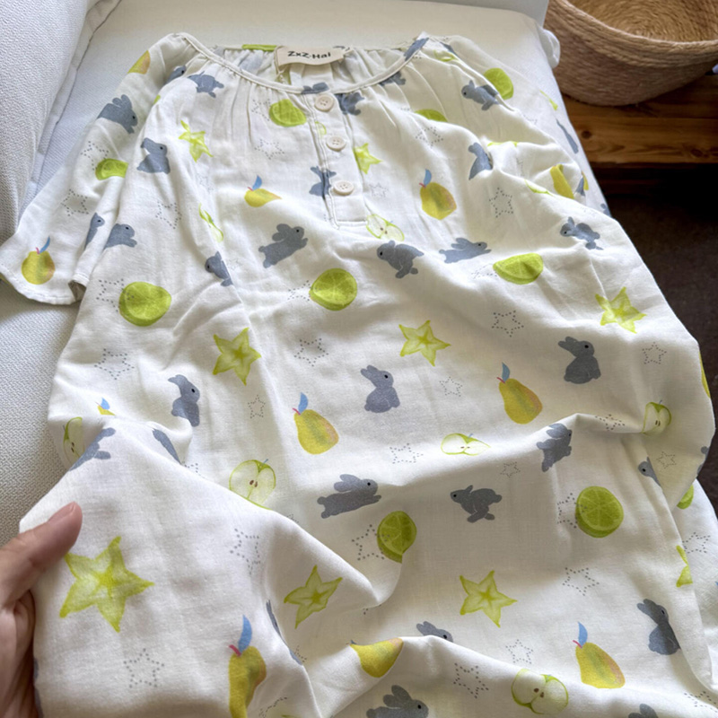 侘町2025新款杨桃小灰兔纯棉短袖圆领睡裙女夏天可外穿家居裙套装
