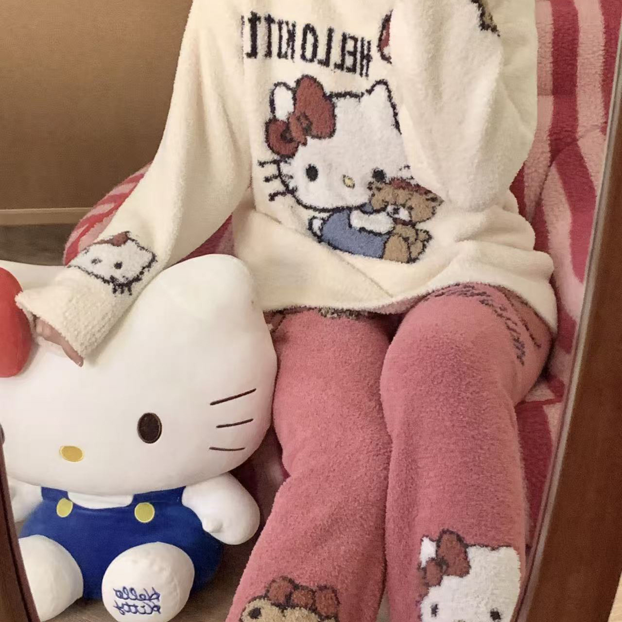 侘町2025新款黑灰蝴蝶结Kitty半边绒冬季睡衣保暖加绒加厚家居服
