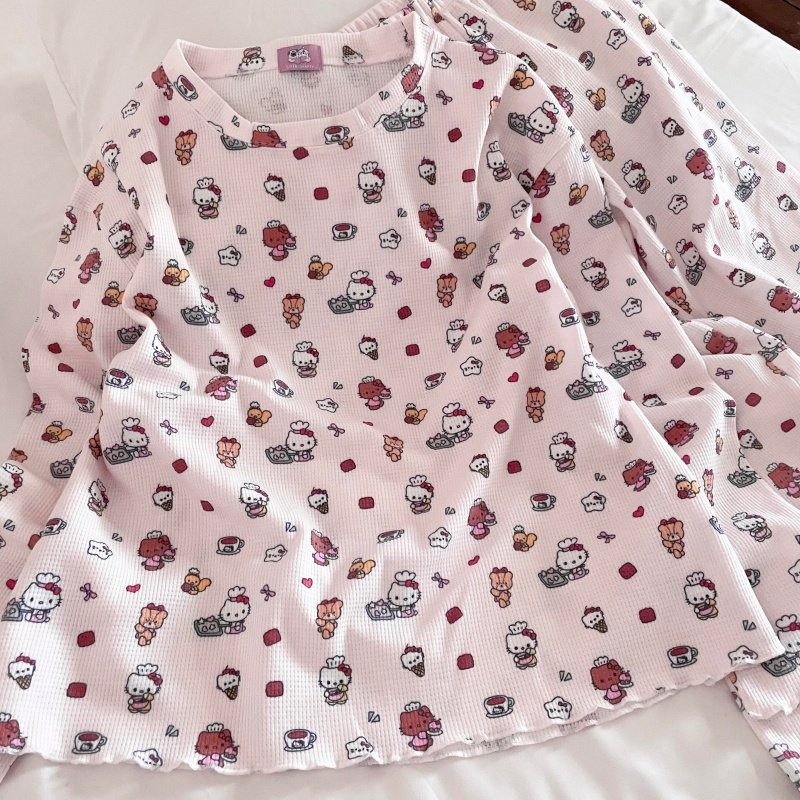 侘町睡衣女2025年秋冬新款卡通猫咪华夫格针织打底衫2色套头套装