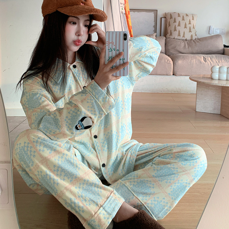 侘町2024年新款企鹅德绒长袖睡衣女春秋季可外穿加厚家居服秋冬款
