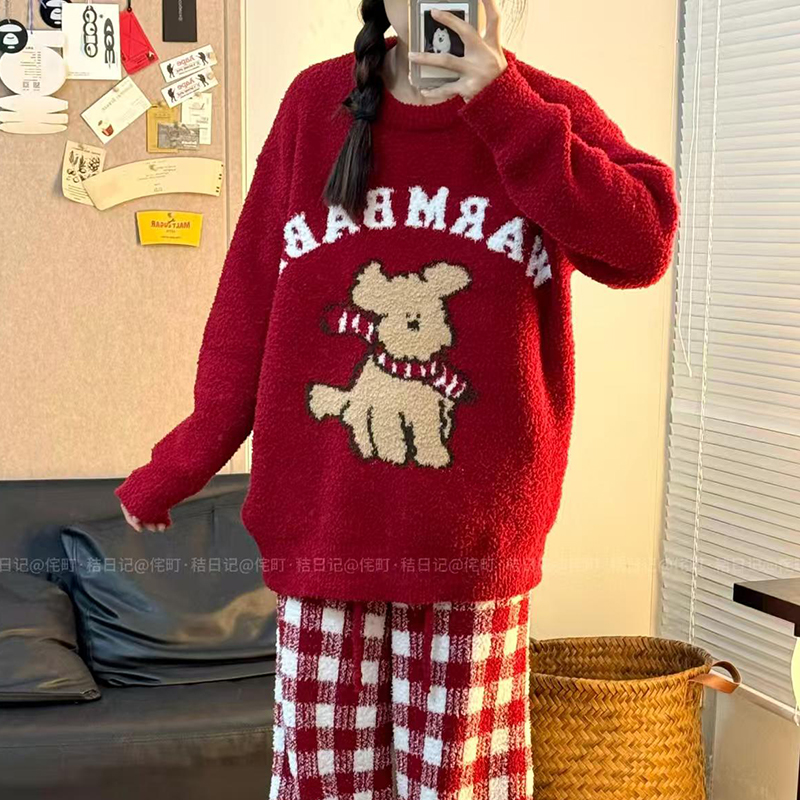 侘町2024新款叮叮当小狗长袖睡衣女秋冬季本命年红色半边绒家居服