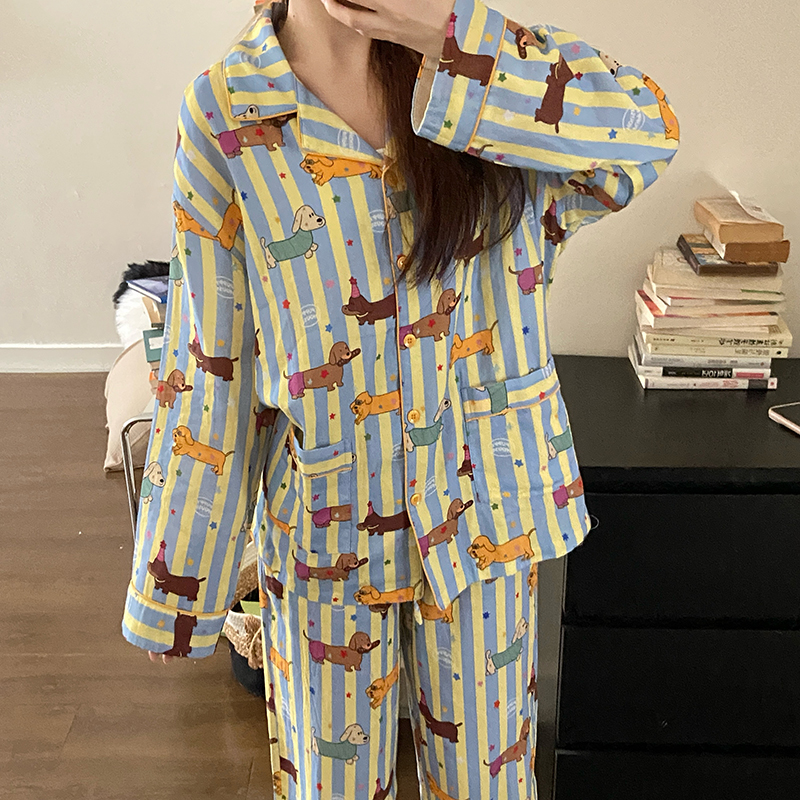 侘町2025年新款腊肠狗狗纯棉长袖睡衣女可外穿春条纹家居服秋款