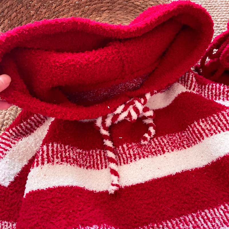 侘町红白条纹2025家居服新款半边绒本命年长袖睡衣女加绒冬季套装