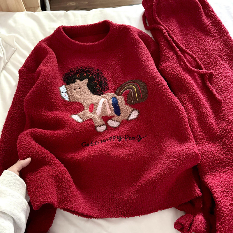 侘町2025年新款冬季彩虹小木马长袖红色本命年睡衣女半边绒家居服