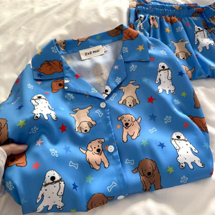 冰丝睡衣女蓝色星星狗短袖 卡通家居服套装 长裤 款 夏季 侘町2025新款