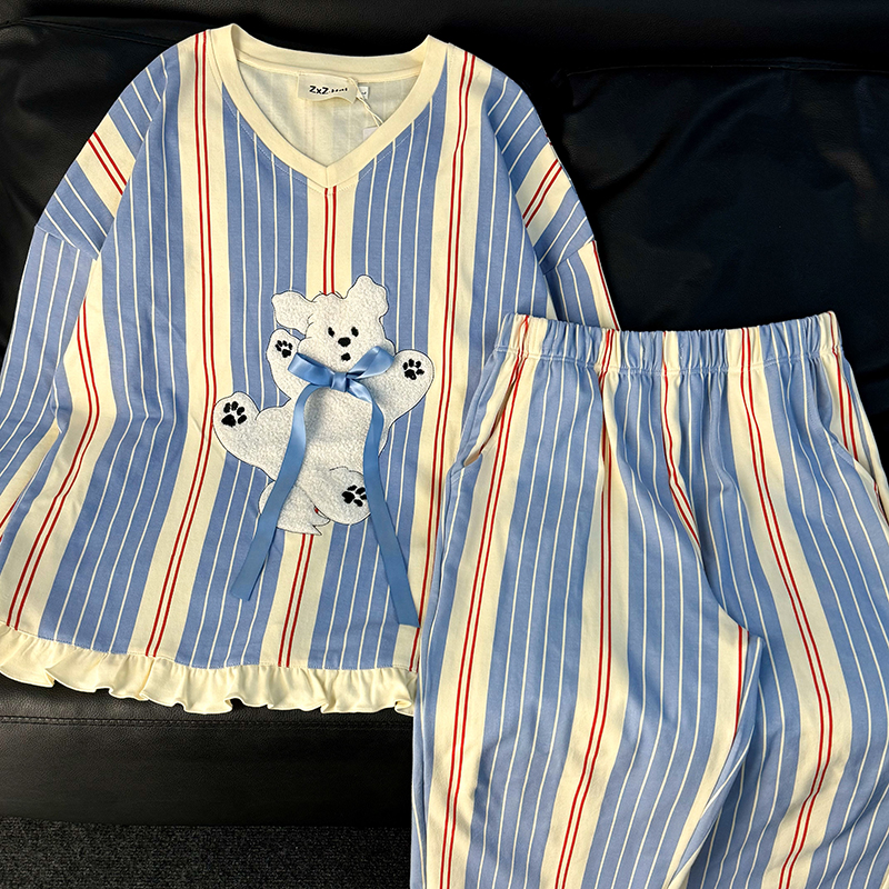 侘町2024新款蝴蝶结小狗长袖睡衣女春秋款可外穿季家居服套装秋季