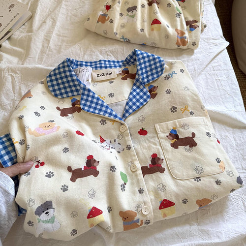 侘町2025新款复古蓝格狗狗party长袖纯棉磨毛睡衣春秋卡通家居服