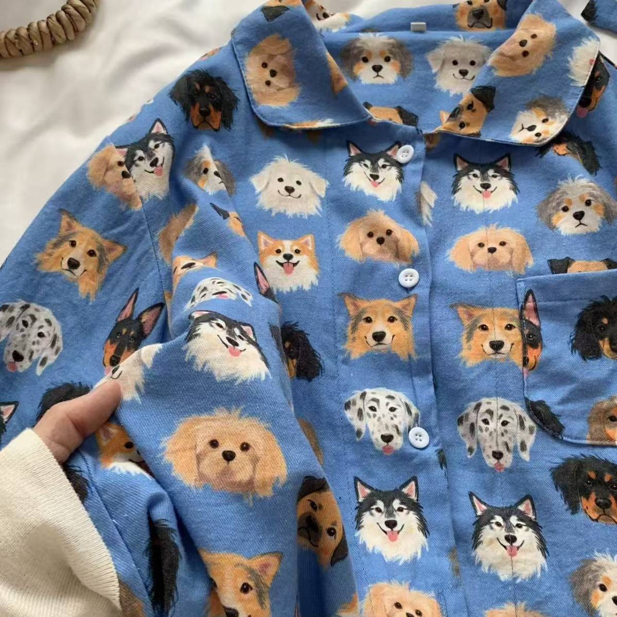 侘町2025新款蓝色小狗头纯棉磨毛家居服翻领领长袖睡衣套装可外穿