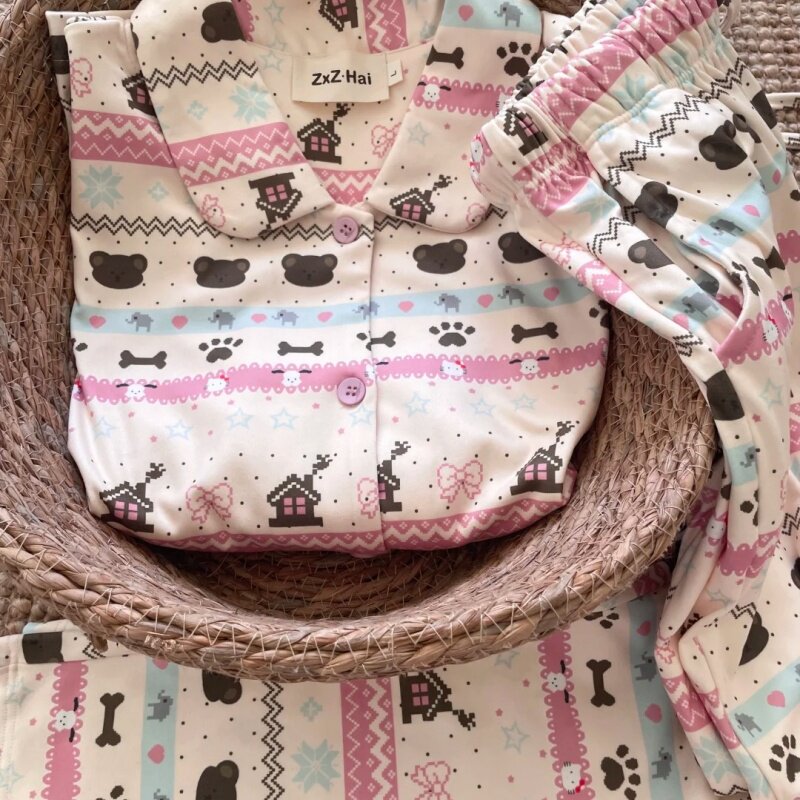 侘町睡衣女德绒2025新款草莓奶昔费尔岛长袖秋冬可外穿家居服套装