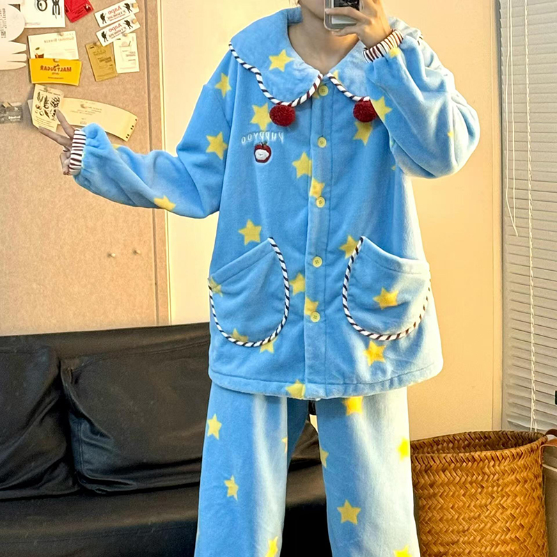 侘町2024年新款笨笨大象法兰绒睡衣女秋冬款可外穿家居服套装冬季