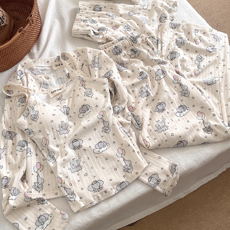 侘町2025新款气球大象三件套含胸垫睡衣女春秋季卡通家居服套装