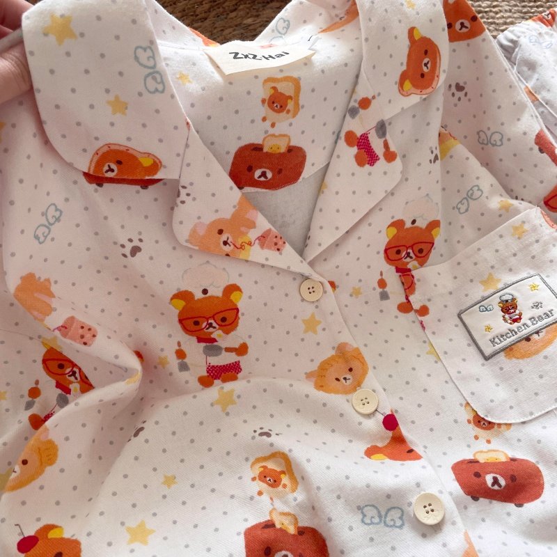 侘町秋冬2025新款纯棉可外穿长袖休闲睡衣女波点轻松熊卡通家居服