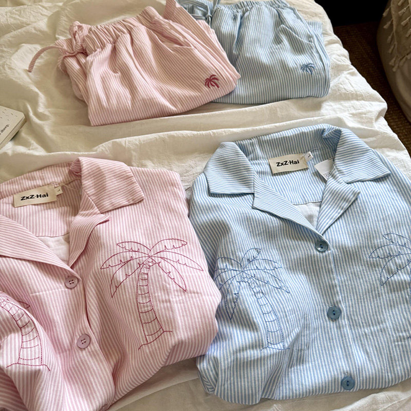 侘町2025年春秋新款蓝色条纹椰子树居家睡衣纯棉长袖可外穿家居服