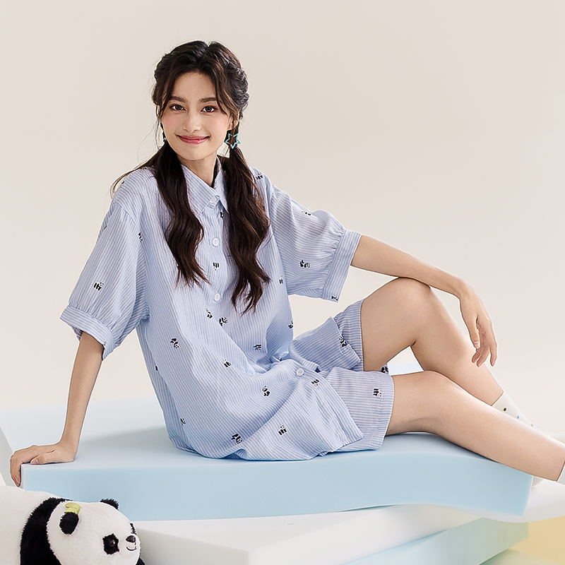 侘町2024新款蓝白条纹熊猫短袖睡衣女夏季可外穿纯棉家居服套装