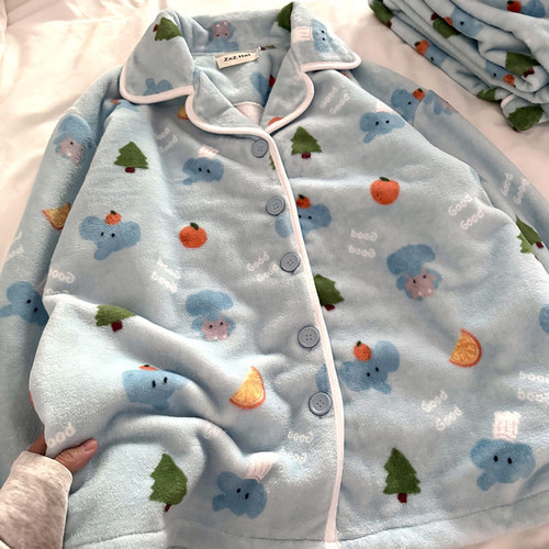 侘町2025冬季新款GOOD大象睡衣女法兰绒加绒可外穿卡通保暖家居服