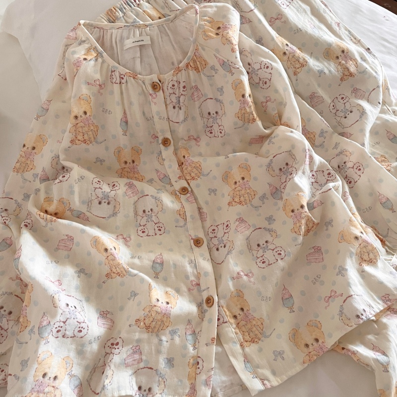 侘町奶油小熊秋冬2025新款卡通睡衣女款纯棉长袖可外穿家居服套装