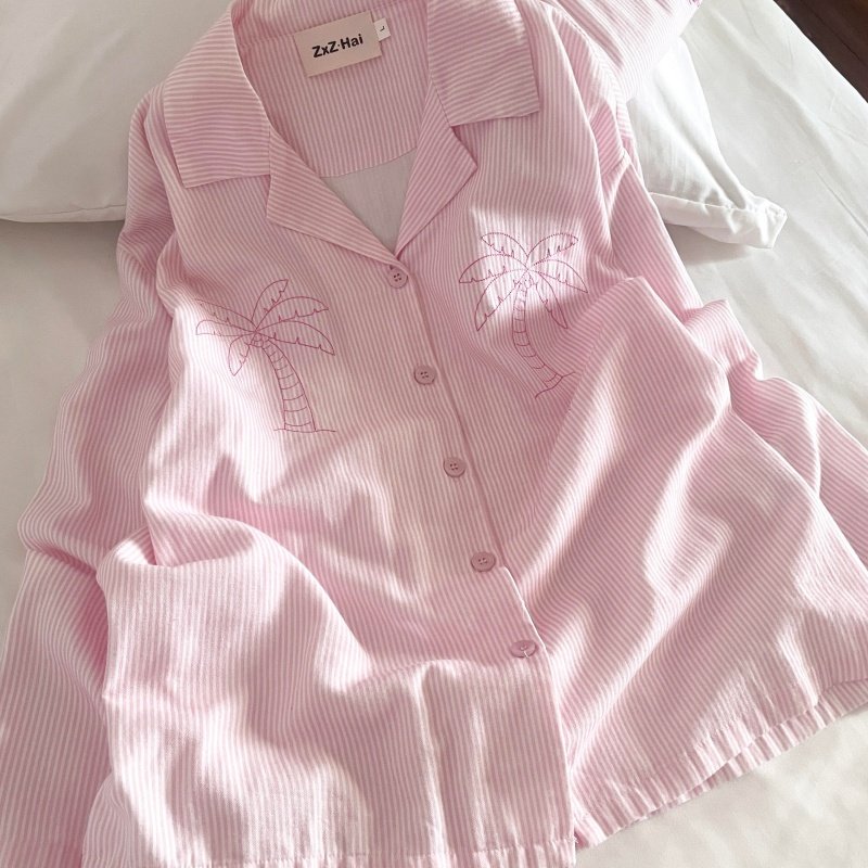 侘町睡衣女2025秋冬新款纯棉可外穿开衫粉色条纹椰子树舒适家居服