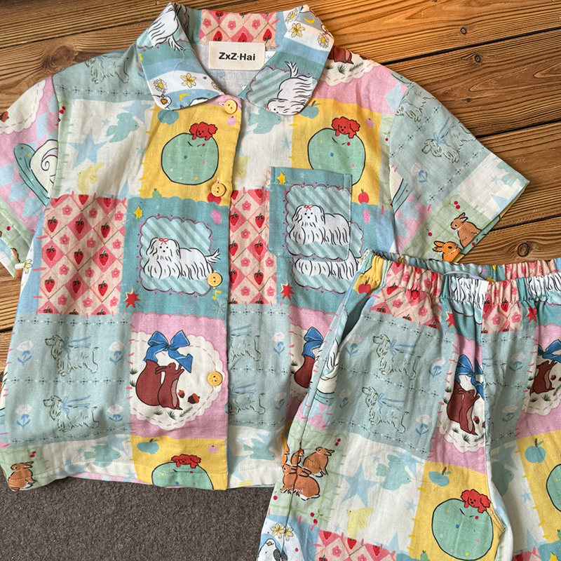 侘町2025年新款故事格子儿童夏季纯棉睡衣男女童中大童家居服套装