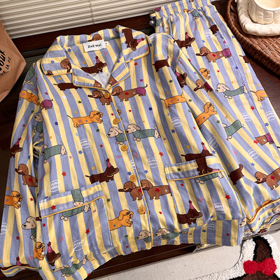 侘町2025年新款腊肠狗狗纯棉长袖睡衣女可外穿春秋条纹家居服套装