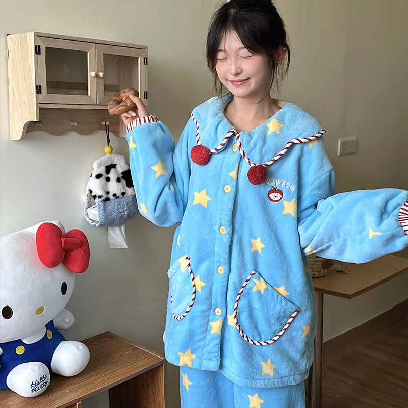 侘町2025年家居服新款笨笨大象法兰绒冬季睡衣女秋冬款可外穿套装