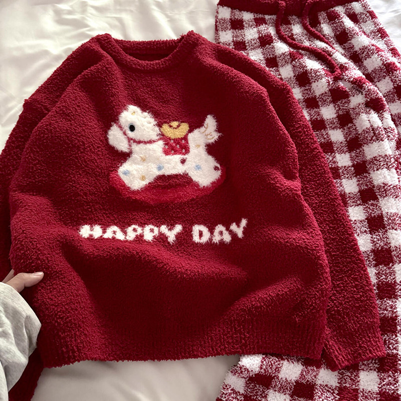 侘町睡衣女2025新款马上有元宝长袖半边绒本命年红色秋冬季家居服