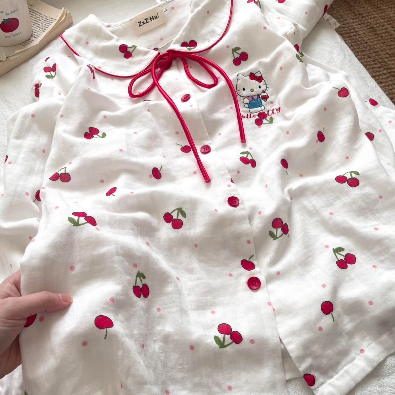 侘町秋冬2025新款纯棉睡衣女樱桃Kitty开衫翻领套装可外穿家居服