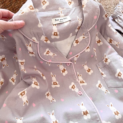 侘町桃心小兔秋冬2025年新款加厚纯棉卡通印花睡衣套装女款家居服