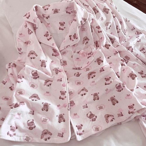 侘町粉色小熊2025年新款卡通睡衣女海岛绒加厚开衫冬季套装家居服