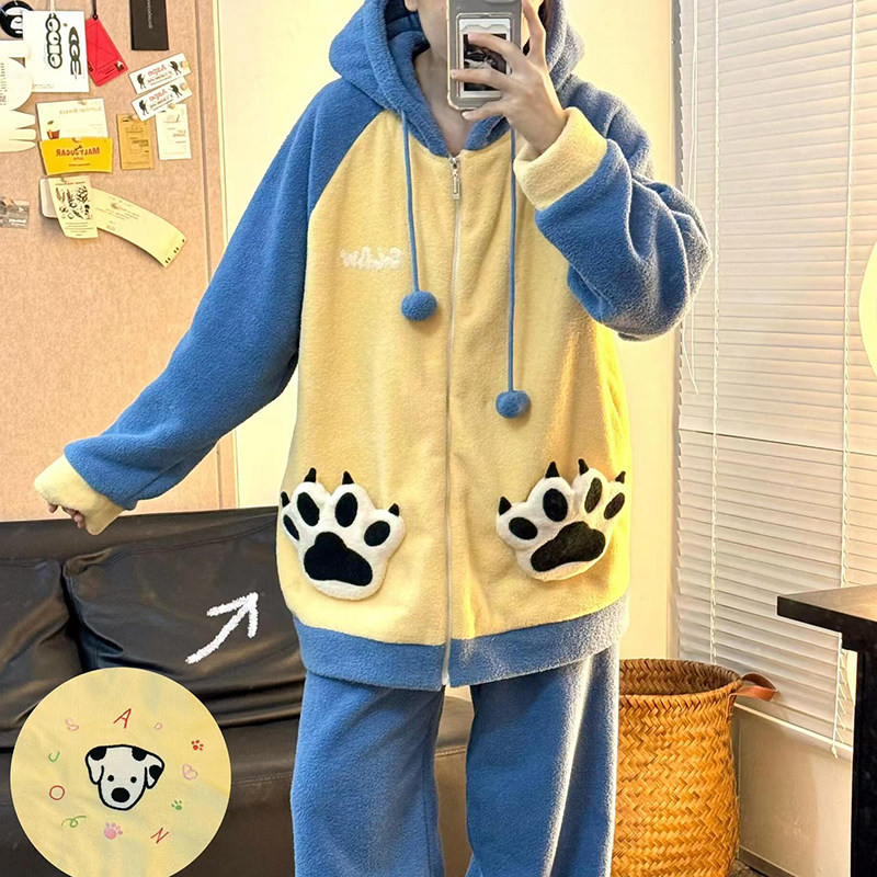 侘町2024新款猫爪口袋果粒绒睡衣女秋冬款可外穿保暖家居服冬季