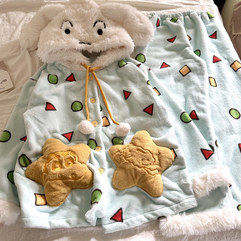 侘町2025冬季新款小新饼干睡衣女法兰绒加绒卡通保暖可外穿家居服