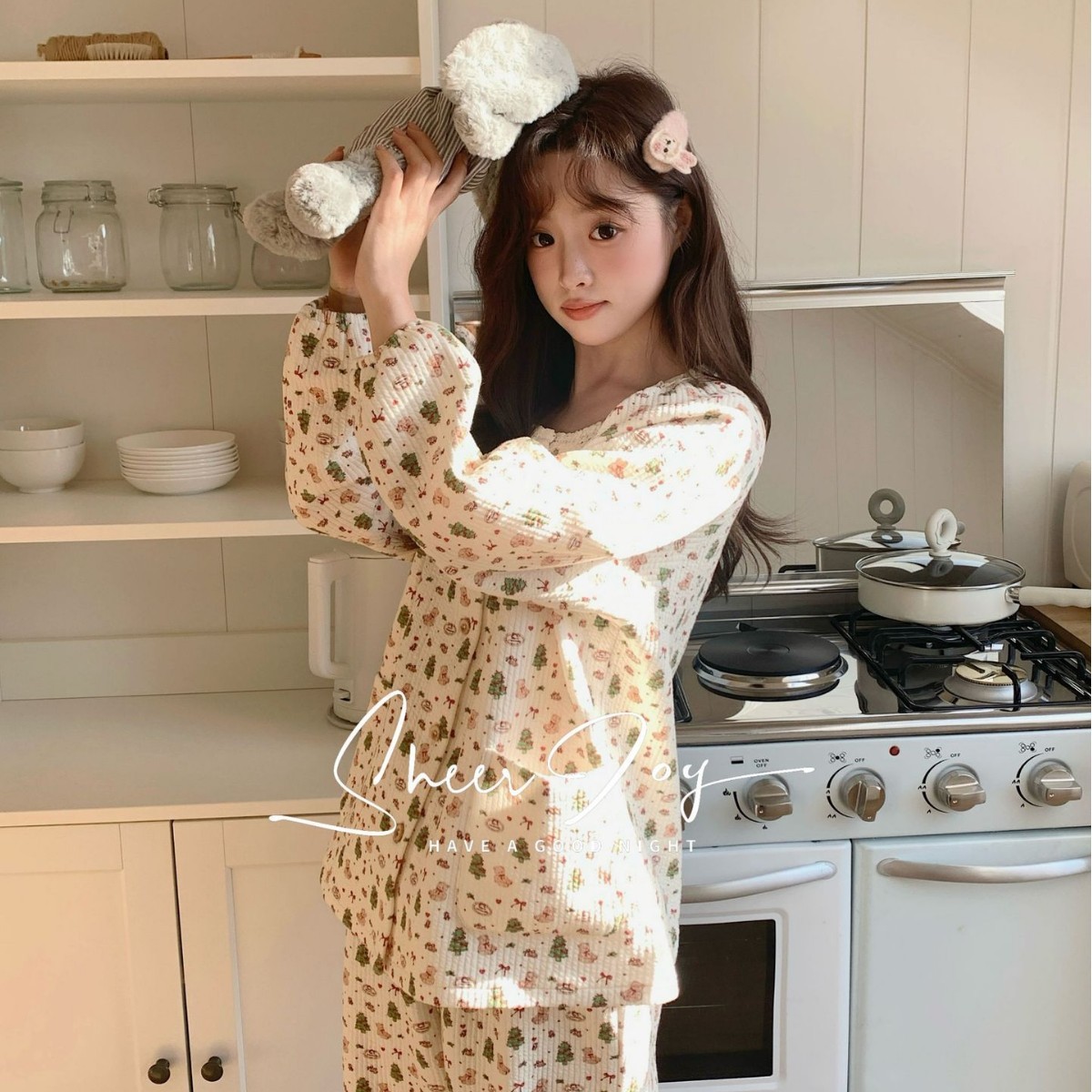 侘町2025新款夹棉圆领睡衣女冬季长袖卡通可爱家居服套装圣诞小熊