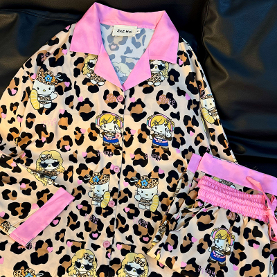 侘町2024新款豹纹kitty长袖睡衣女夏款卡通冰丝家居服套装春秋款