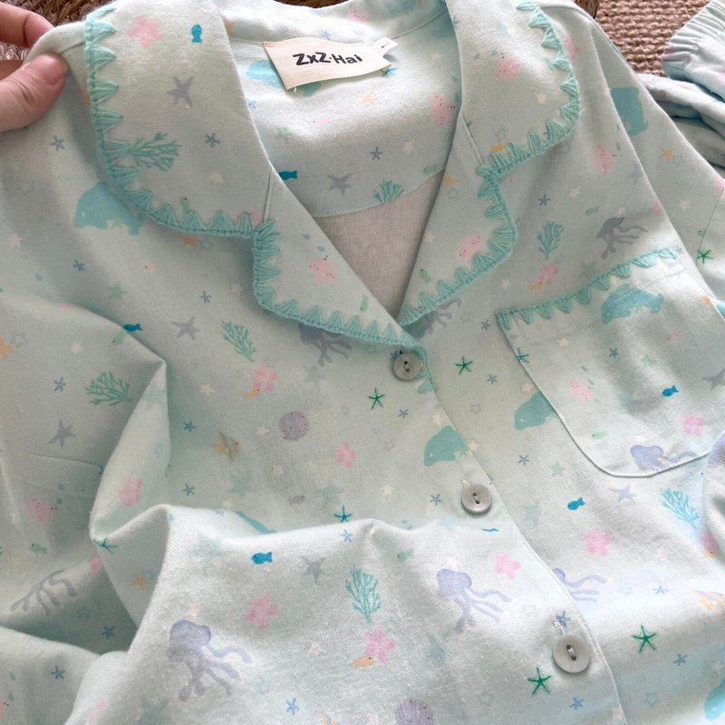 侘町秋冬纯棉睡衣女2025家居服新款薄荷海底小鱼卡通开衫长袖套装,女士内衣/男士内衣/家居服,睡衣/家居服套装,淘宝优惠券,粉丝福利购,淘宝优惠卷