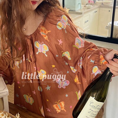 侘町2025新款纯棉棉纱焦糖蝴蝶睡裙A类长袖睡衣女复古美拉德套装