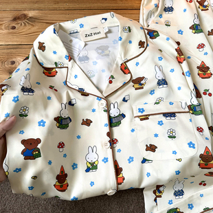 侘町2025年新款花花米菲兔冰丝短袖长裤睡衣卡通家居服套装夏天季