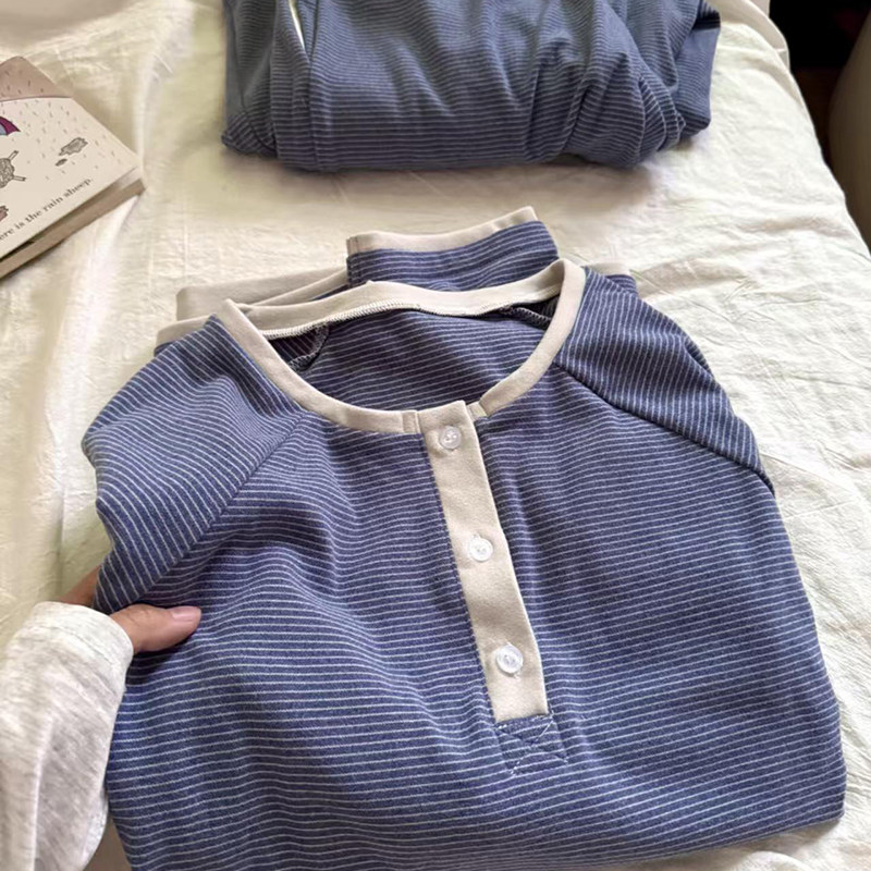 侘町2025年新款深蓝条纹长袖德绒圆领假两件睡衣女保暖家居服套装