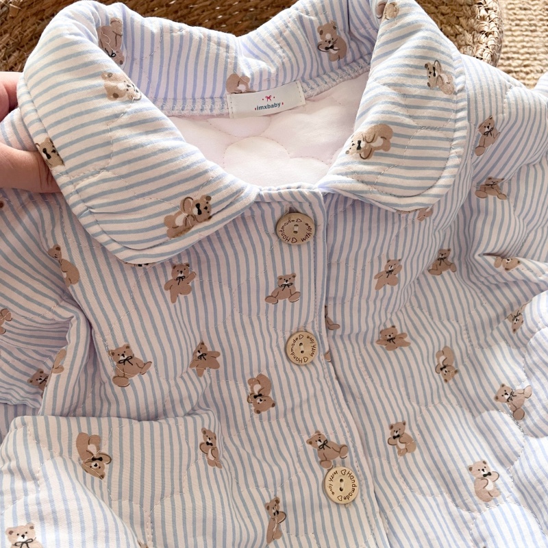 侘町睡衣女2025新款冬季菱格夹棉保暖开衫套装卡通条纹小熊家居服