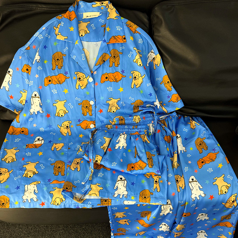 侘町2024新款蓝色星星狗三件套睡衣女夏季冰丝家居服套装薄款夏款
