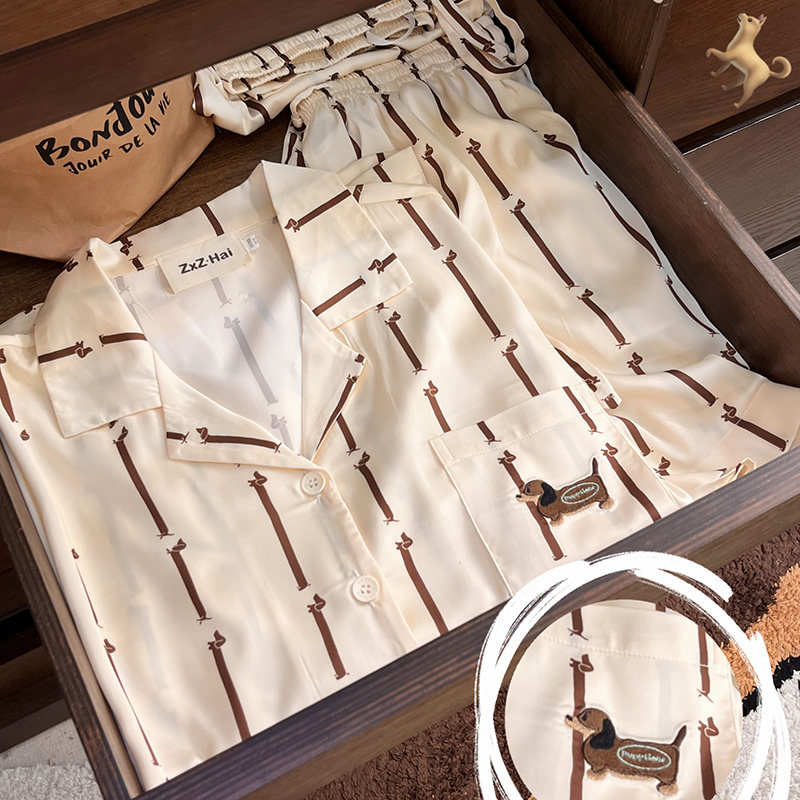 侘町2025年新款腊肠狗刺绣口袋冰丝短袖三件套睡衣夏天卡通家居服