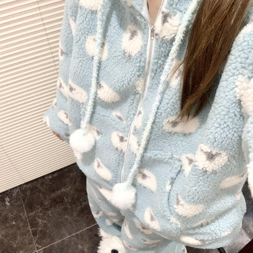 侘町2025年家居服新款蓝绿咩咩小羊双面提花羊羔绒冬季睡衣女连帽