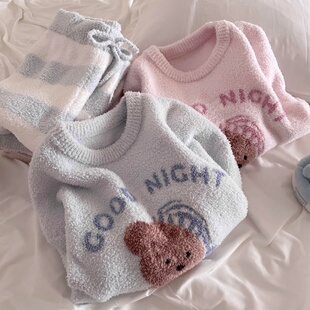卡通保暖可外穿套装 半边绒睡衣女款 冬季 侘町睡帽晚安小熊2025新款